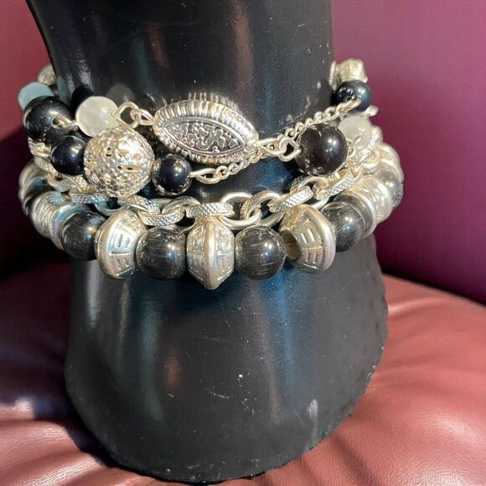 Covington Silver Black Beaded Bracelet Set Multi‎ Strand Boho Chic Layered Look